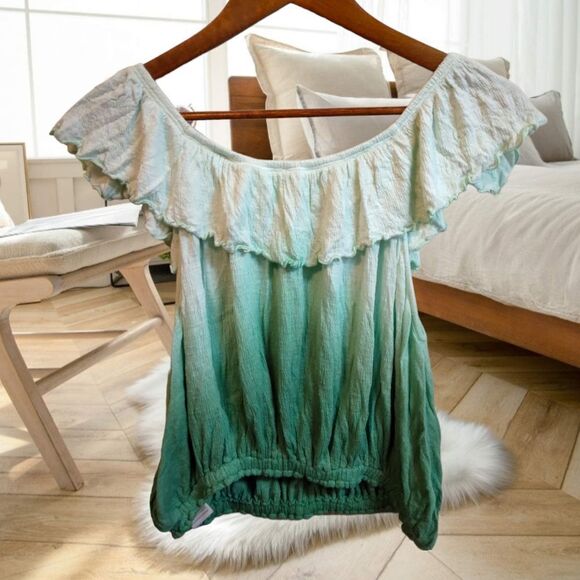 FREE PEOPLE CORA LEE TIE DYE DIP OMBRE MINT SEA GREEN OFF SHOULDER RUFFLE TOP - Picture 8 of 9